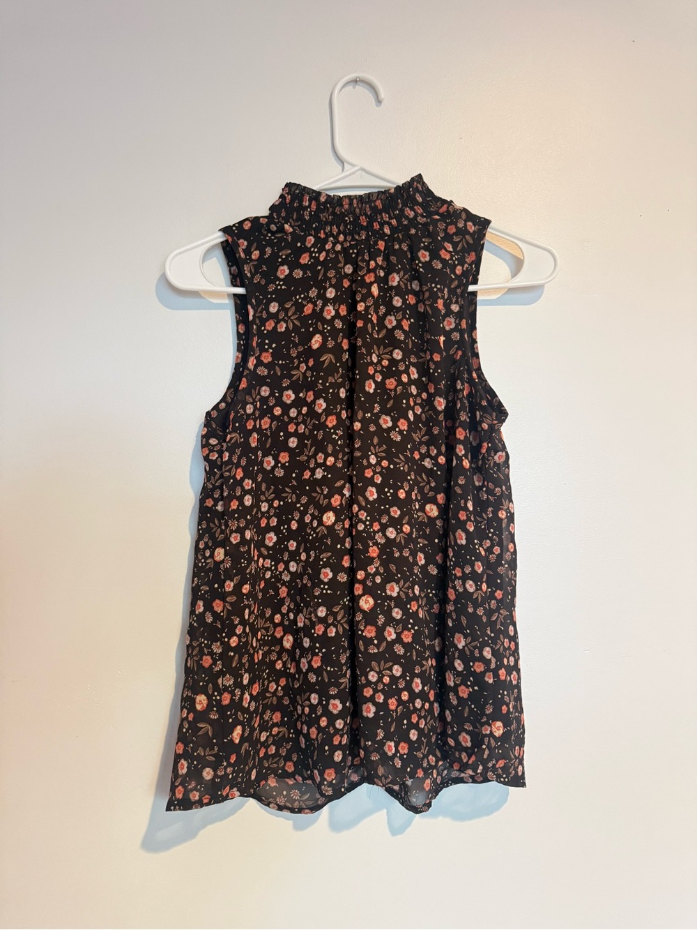 Black Floral Sleeveless Smocked Neck Top